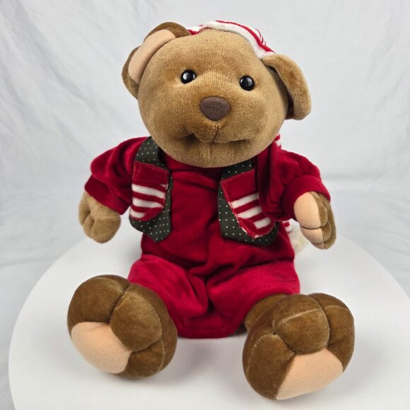 1992 Commonwealth Brown Teddy Bear 16" Plush Christmas Red White Outfit Vest Hat - Picture 1 of 6